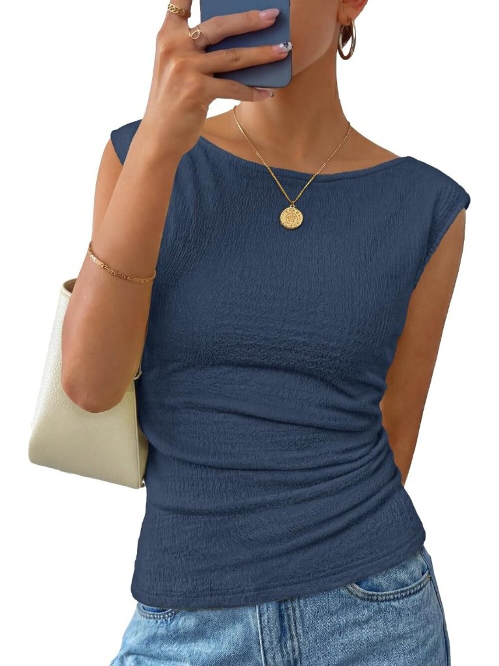 Women's Dusty Blue Cap Sleeve Boat Neck Slim Fit Pull On Casual Summer Tank Tops